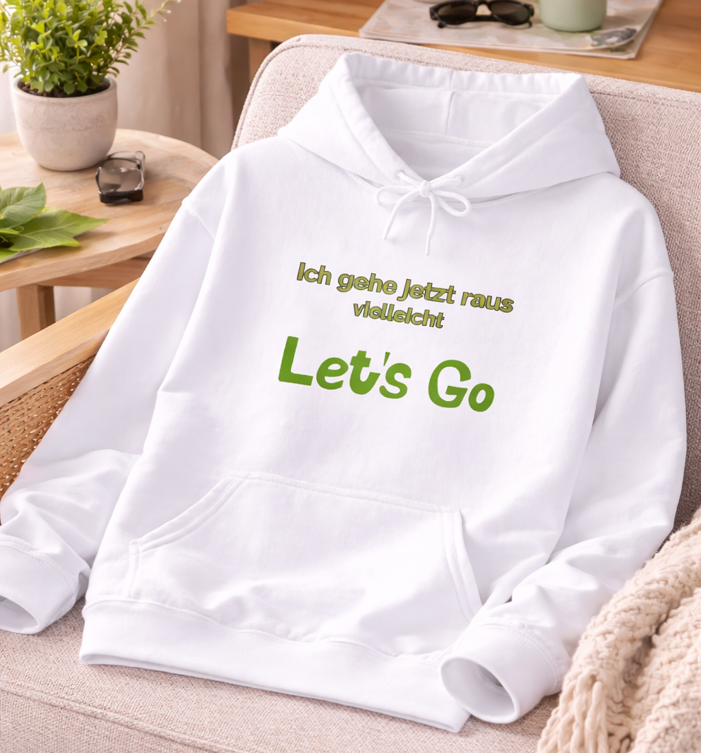 Weißer oder dunkelgrauer Unisex Hoodie mit dem humorvollen Spruch „Ich gehe jetzt raus ... vielleicht“ als lustige Geschenkidee für Introvertierte und Couch-Liebhaber.