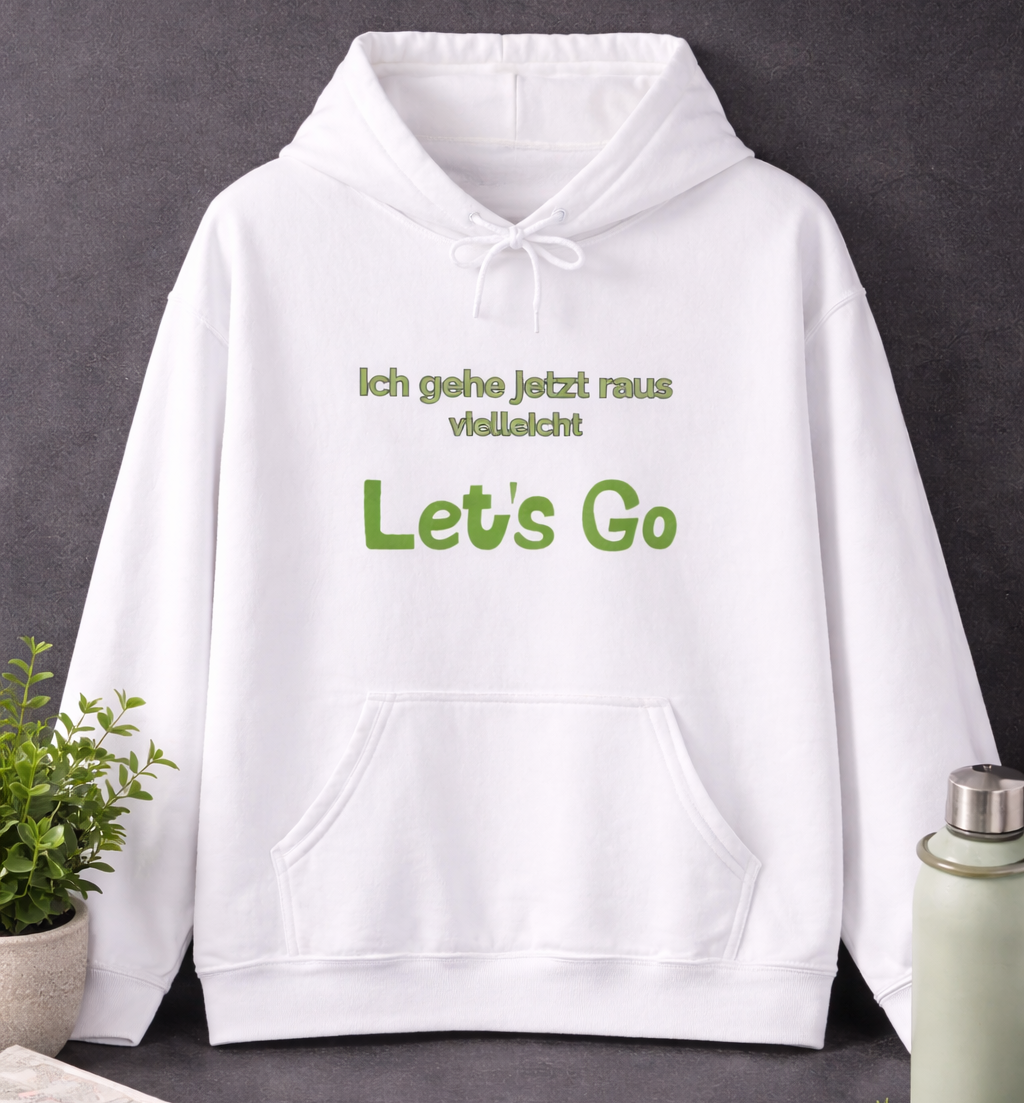 Weißer oder dunkelgrauer Unisex Hoodie mit dem humorvollen Spruch „Ich gehe jetzt raus ... vielleicht“ als lustige Geschenkidee für Introvertierte und Couch-Liebhaber.