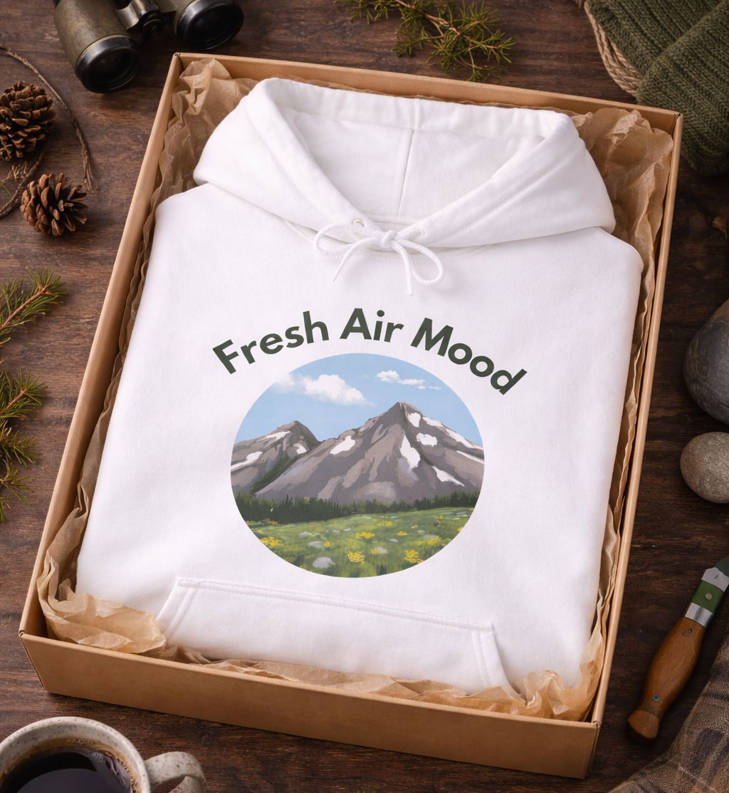 Weißer oder aschgrauer Unisex Hoodie mit dem Schriftzug „Fresh Air Mood“ und Berglandschaft-Motiv für Wanderer, Naturliebhaber und Outdoor-Fans.