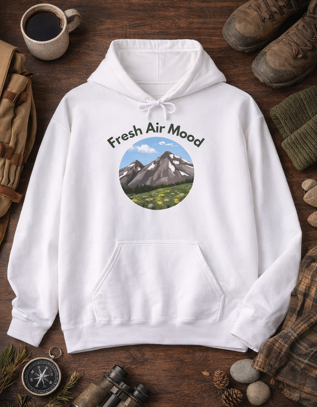Weißer oder aschgrauer Unisex Hoodie mit dem Schriftzug „Fresh Air Mood“ und Berglandschaft-Motiv für Wanderer, Naturliebhaber und Outdoor-Fans.
