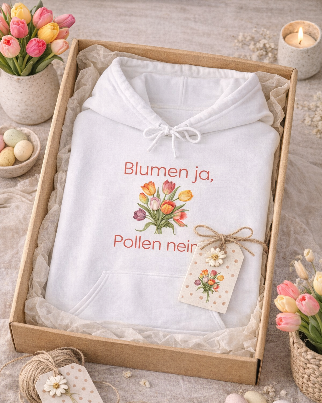 Weißer Unisex-Hoodie mit buntem Blumenstrauß und dem humorvollen Spruch „Blumen ja, Pollen nein“ auf der Vorderseite.
