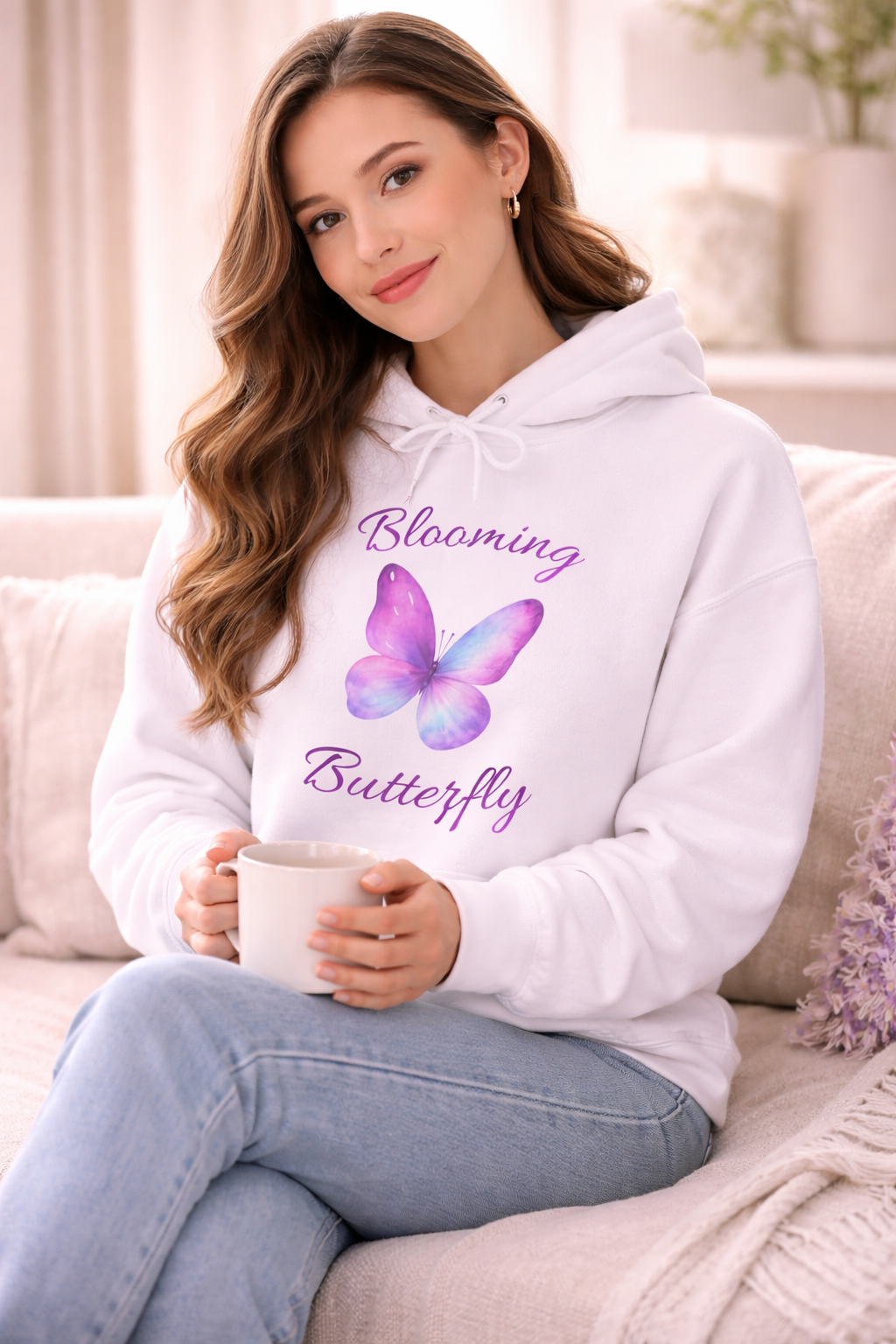 Weißer Unisex-Hoodie mit lila Schmetterlingsmotiv und dem Schriftzug „Blooming Butterfly“ auf der Vorderseite.