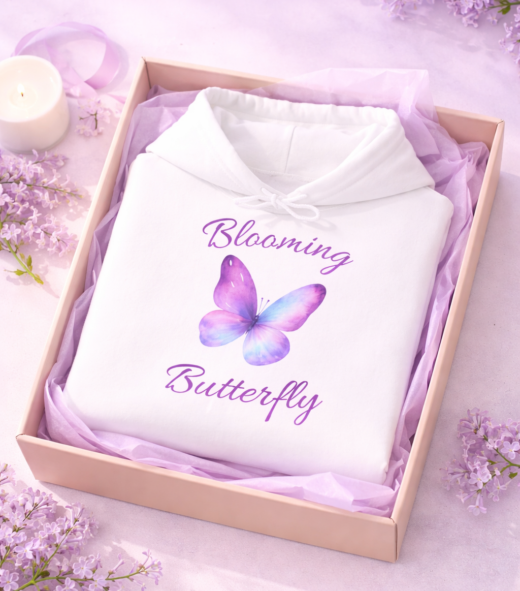 Weißer Unisex-Hoodie mit lila Schmetterlingsmotiv und dem Schriftzug „Blooming Butterfly“ auf der Vorderseite.
