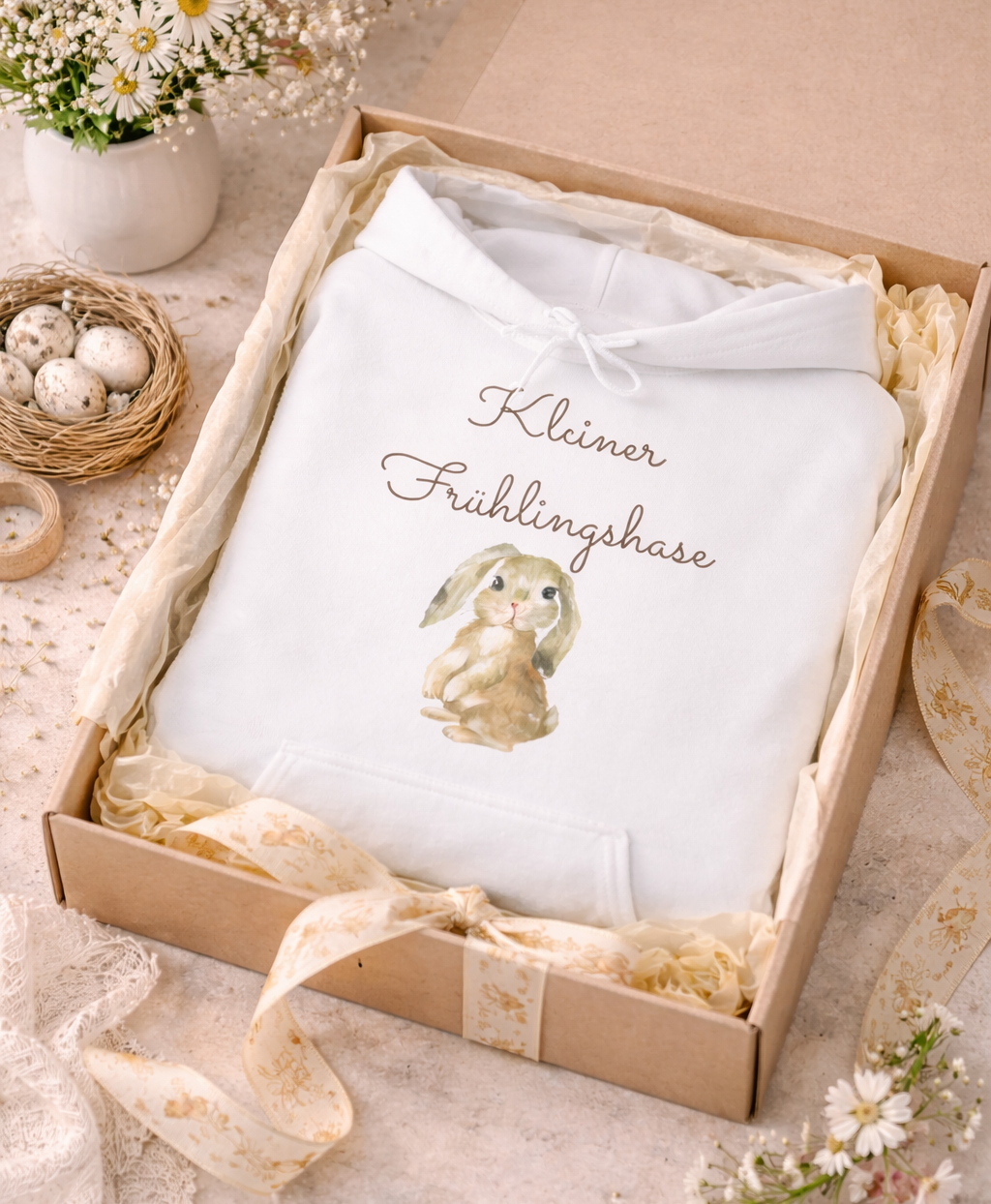 Weißer Unisex-Hoodie mit süßem Hasenmotiv und dem Schriftzug „Kleiner Frühlingshase“ auf der Vorderseite.