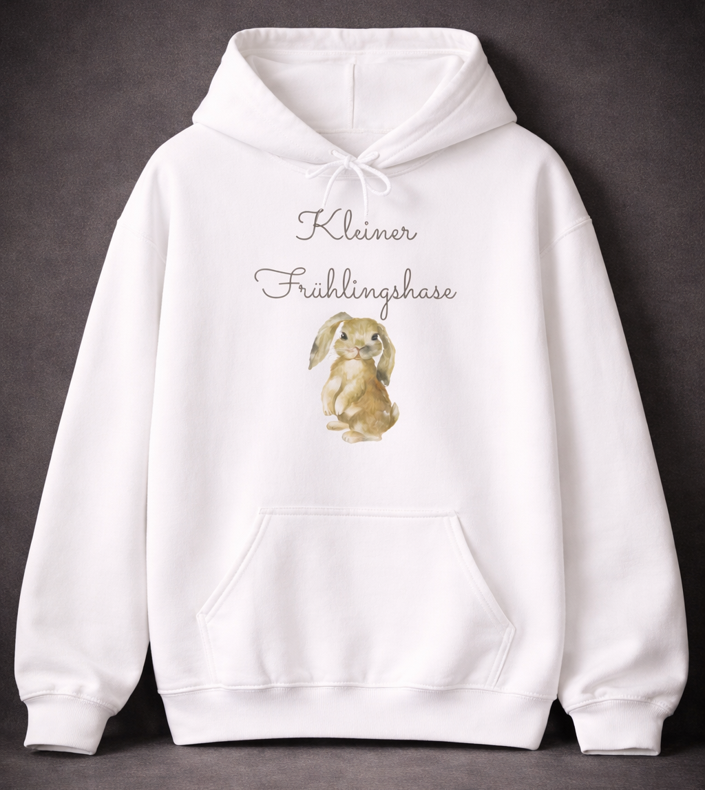 Weißer Unisex-Hoodie mit süßem Hasenmotiv und dem Schriftzug „Kleiner Frühlingshase“ auf der Vorderseite.