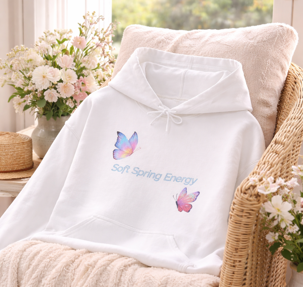 Weißer Unisex-Hoodie mit zwei bunten Schmetterlingen in Pastelltönen und dem Schriftzug „Soft Spring Energy“ auf der Vorderseite.