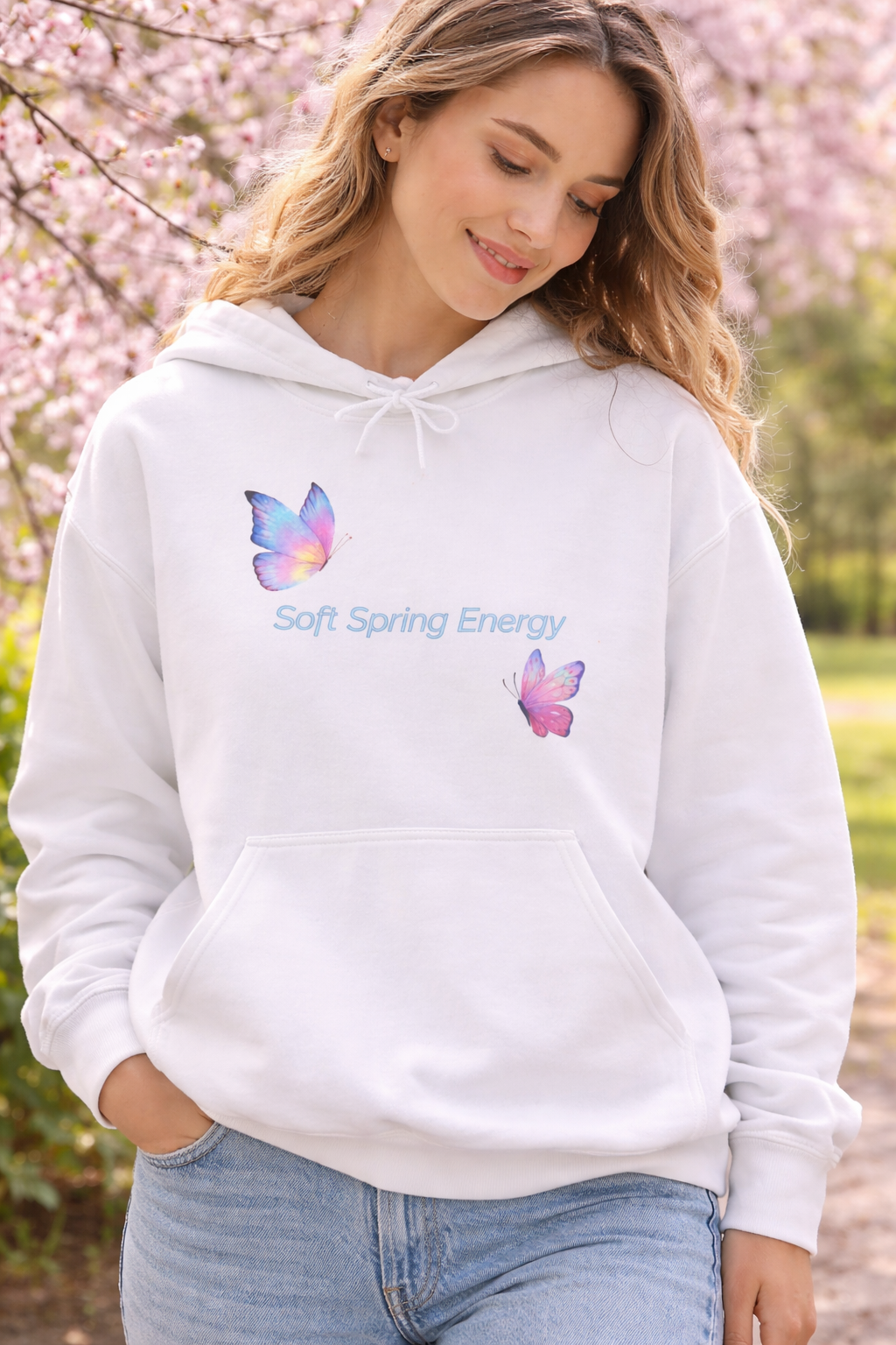 Weißer Unisex-Hoodie mit zwei bunten Schmetterlingen in Pastelltönen und dem Schriftzug „Soft Spring Energy“ auf der Vorderseite.