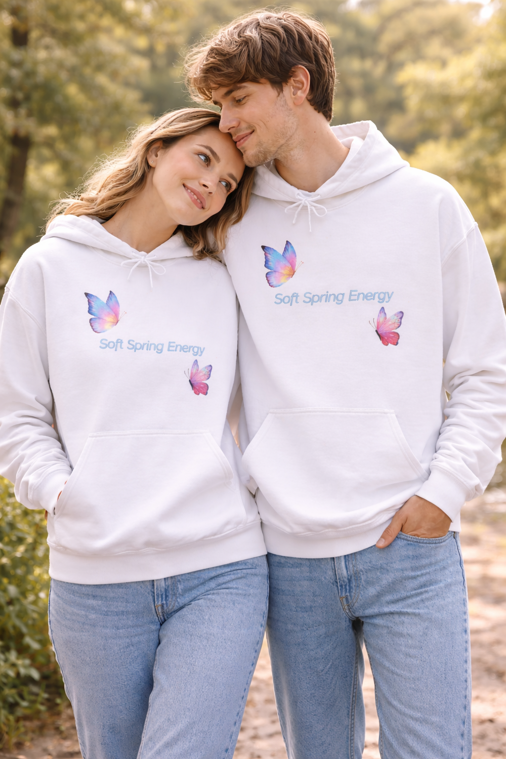 Weißer Unisex-Hoodie mit zwei bunten Schmetterlingen in Pastelltönen und dem Schriftzug „Soft Spring Energy“ auf der Vorderseite.