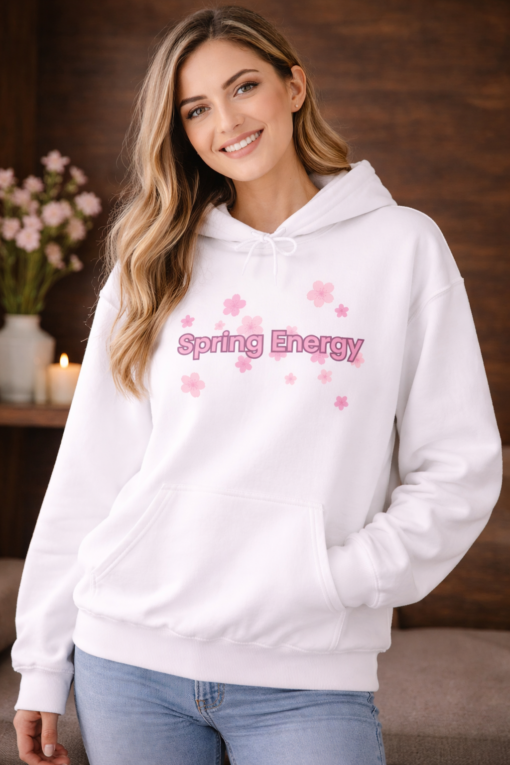 Weißer Unisex-Hoodie mit rosa Blütenmotiv und dem Schriftzug „Spring Energy“ auf der Vorderseite.