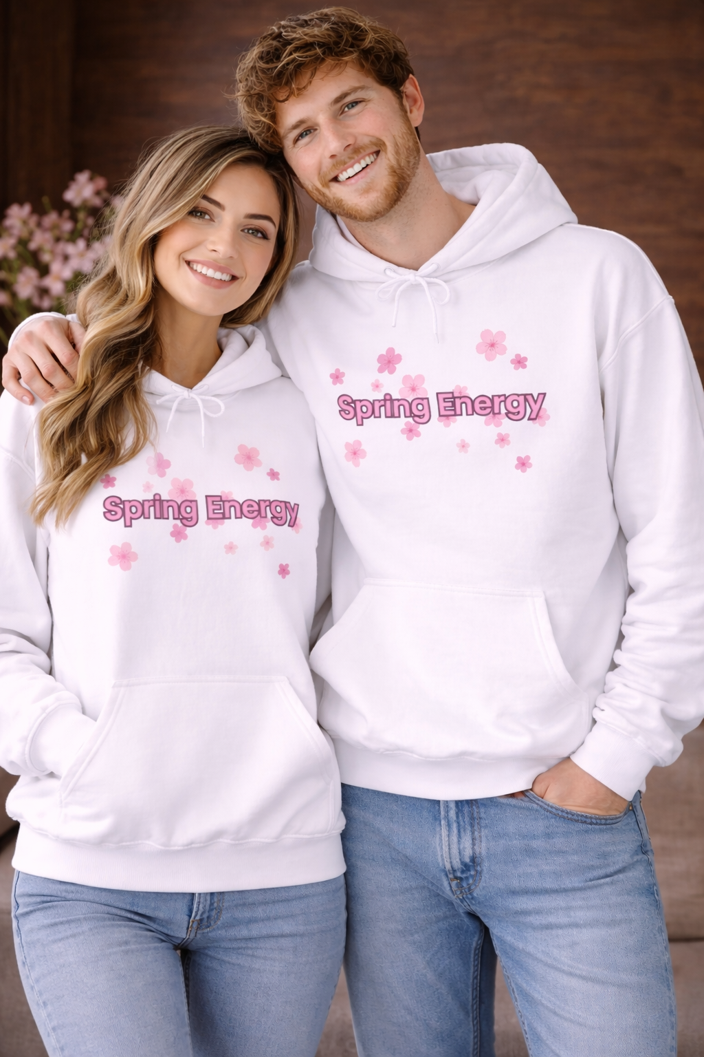 Weißer Unisex-Hoodie mit rosa Blütenmotiv und dem Schriftzug „Spring Energy“ auf der Vorderseite.