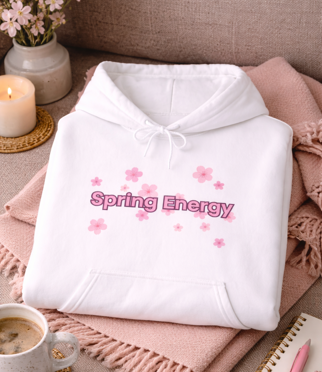 Weißer Unisex-Hoodie mit rosa Blütenmotiv und dem Schriftzug „Spring Energy“ auf der Vorderseite.