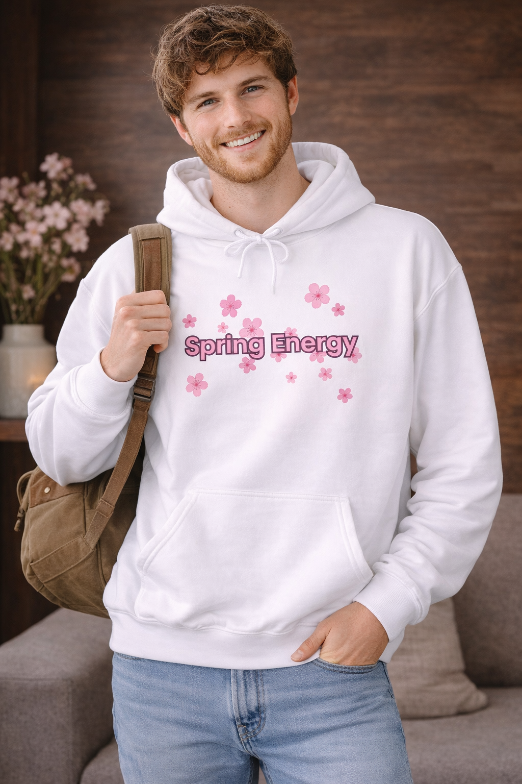 Weißer Unisex-Hoodie mit rosa Blütenmotiv und dem Schriftzug „Spring Energy“ auf der Vorderseite.