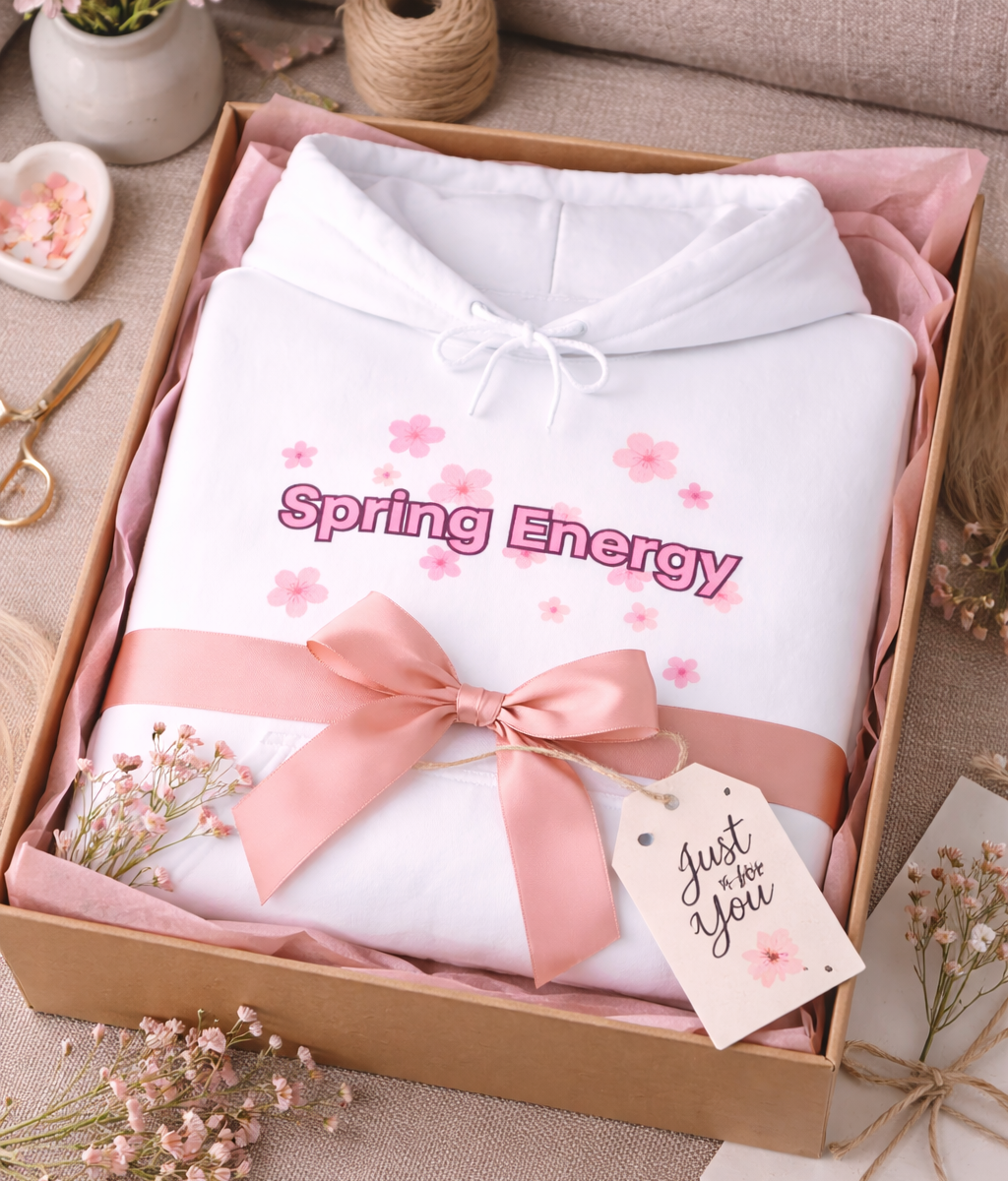 Weißer Unisex-Hoodie mit rosa Blütenmotiv und dem Schriftzug „Spring Energy“ auf der Vorderseite.