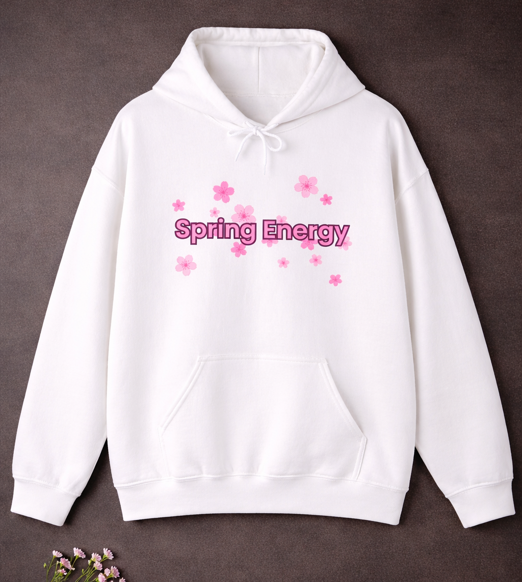 Weißer Unisex-Hoodie mit rosa Blütenmotiv und dem Schriftzug „Spring Energy“ auf der Vorderseite.