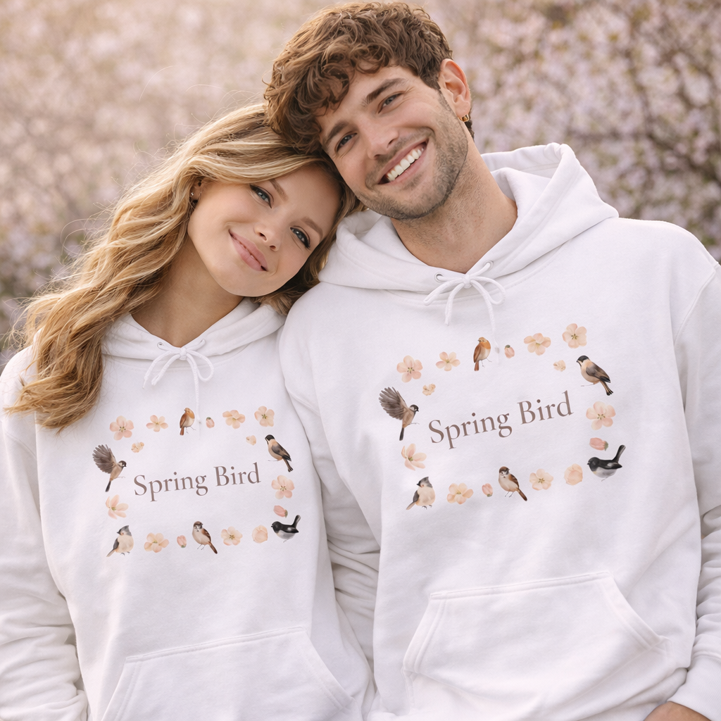 Weißer Unisex-Hoodie mit dem Schriftzug „Spring Bird“, umgeben von kleinen Vögeln und zarten Blütenmotiven in einem Frühlingskranz.