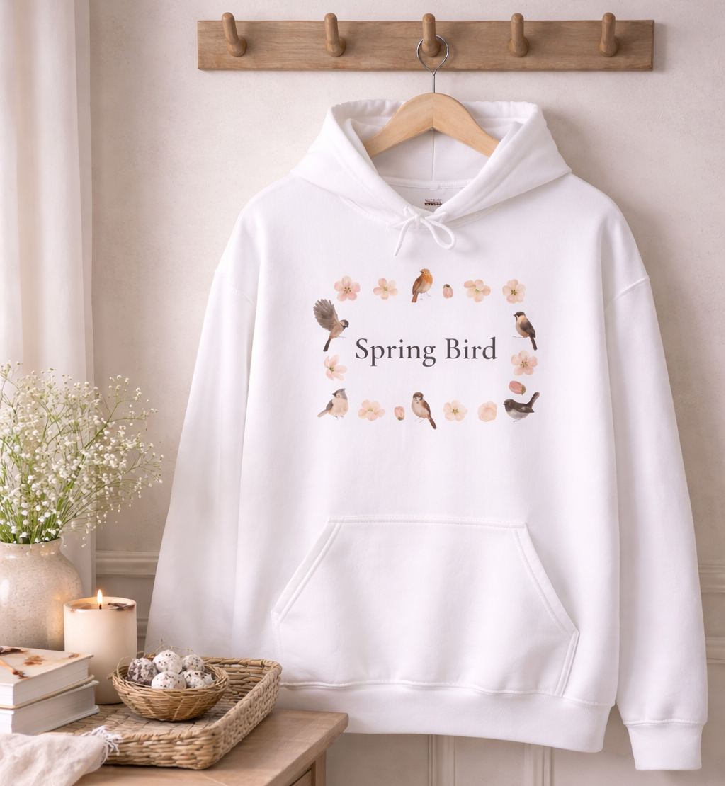 Weißer Unisex-Hoodie mit dem Schriftzug „Spring Bird“, umgeben von kleinen Vögeln und zarten Blütenmotiven in einem Frühlingskranz.