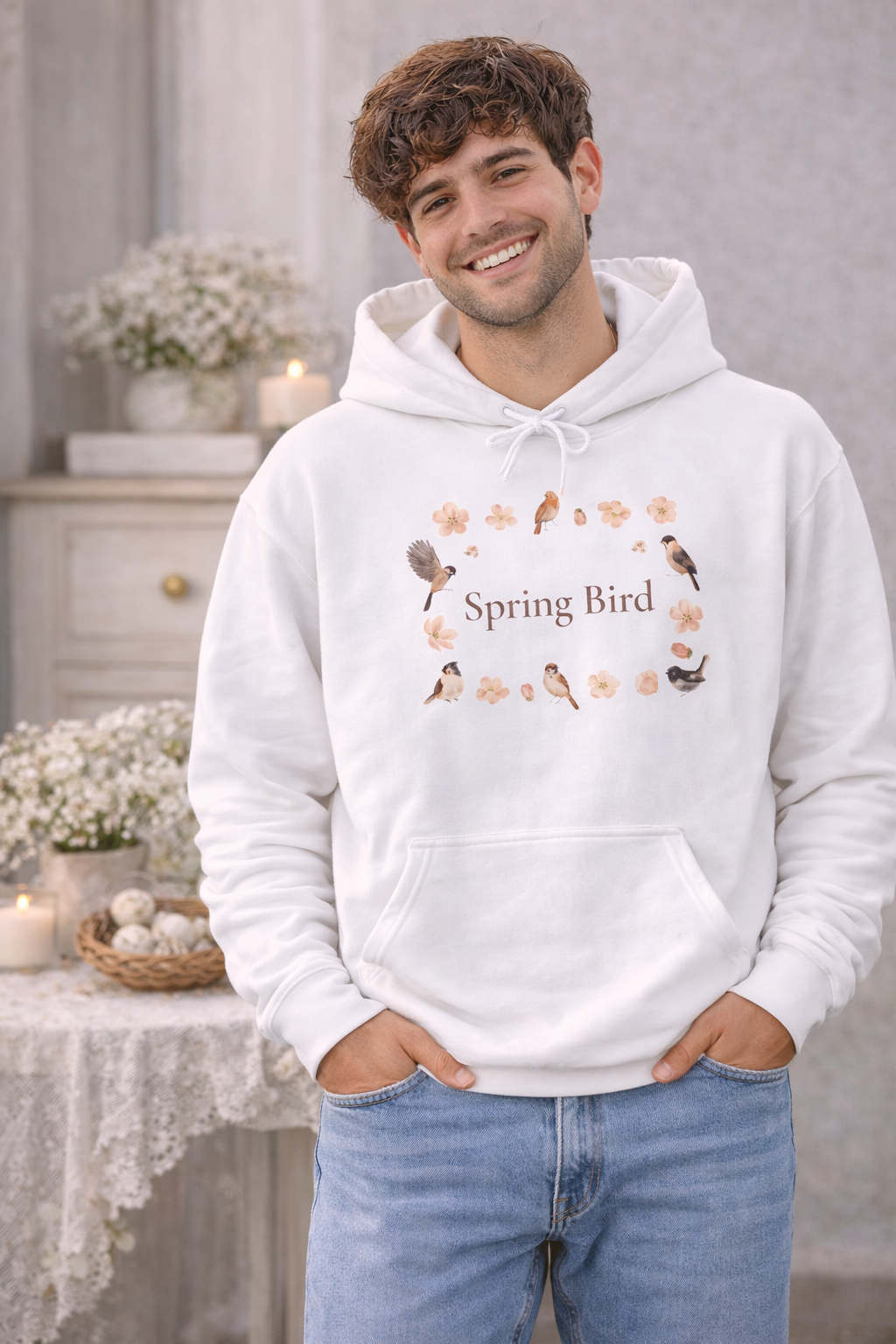 Weißer Unisex-Hoodie mit dem Schriftzug „Spring Bird“, umgeben von kleinen Vögeln und zarten Blütenmotiven in einem Frühlingskranz.
