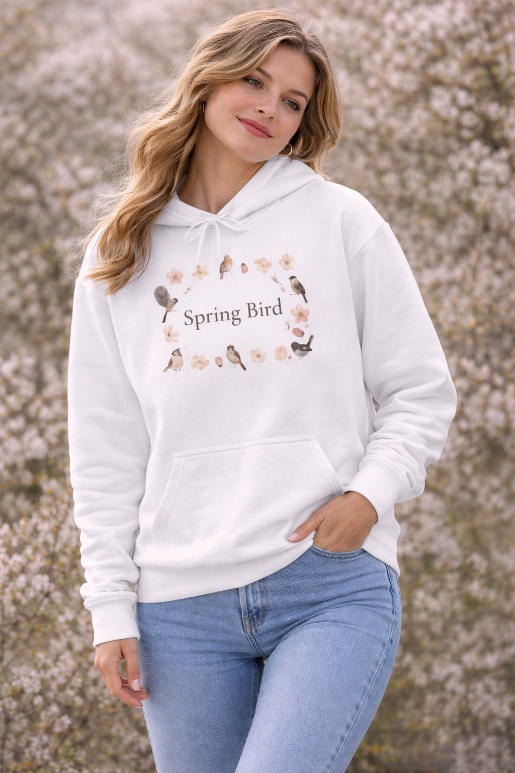 Weißer Unisex-Hoodie mit dem Schriftzug „Spring Bird“, umgeben von kleinen Vögeln und zarten Blütenmotiven in einem Frühlingskranz.