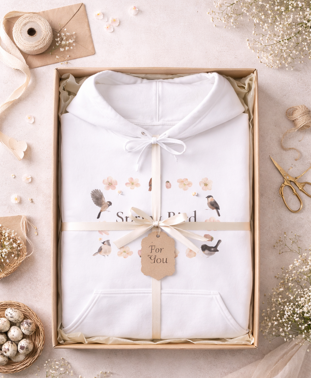 Weißer Unisex-Hoodie mit dem Schriftzug „Spring Bird“, umgeben von kleinen Vögeln und zarten Blütenmotiven in einem Frühlingskranz.