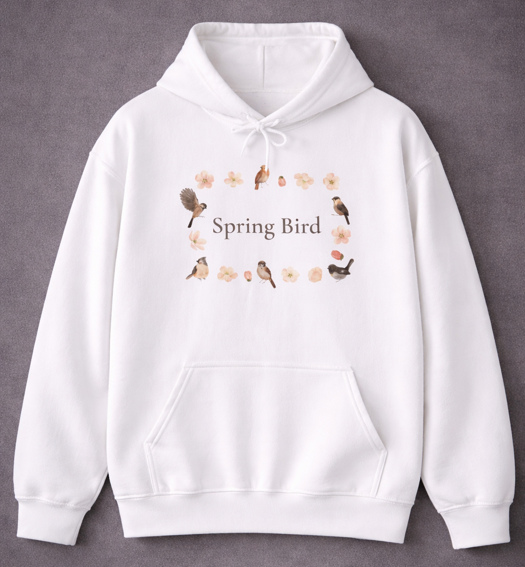Weißer Unisex-Hoodie mit dem Schriftzug „Spring Bird“, umgeben von kleinen Vögeln und zarten Blütenmotiven in einem Frühlingskranz.