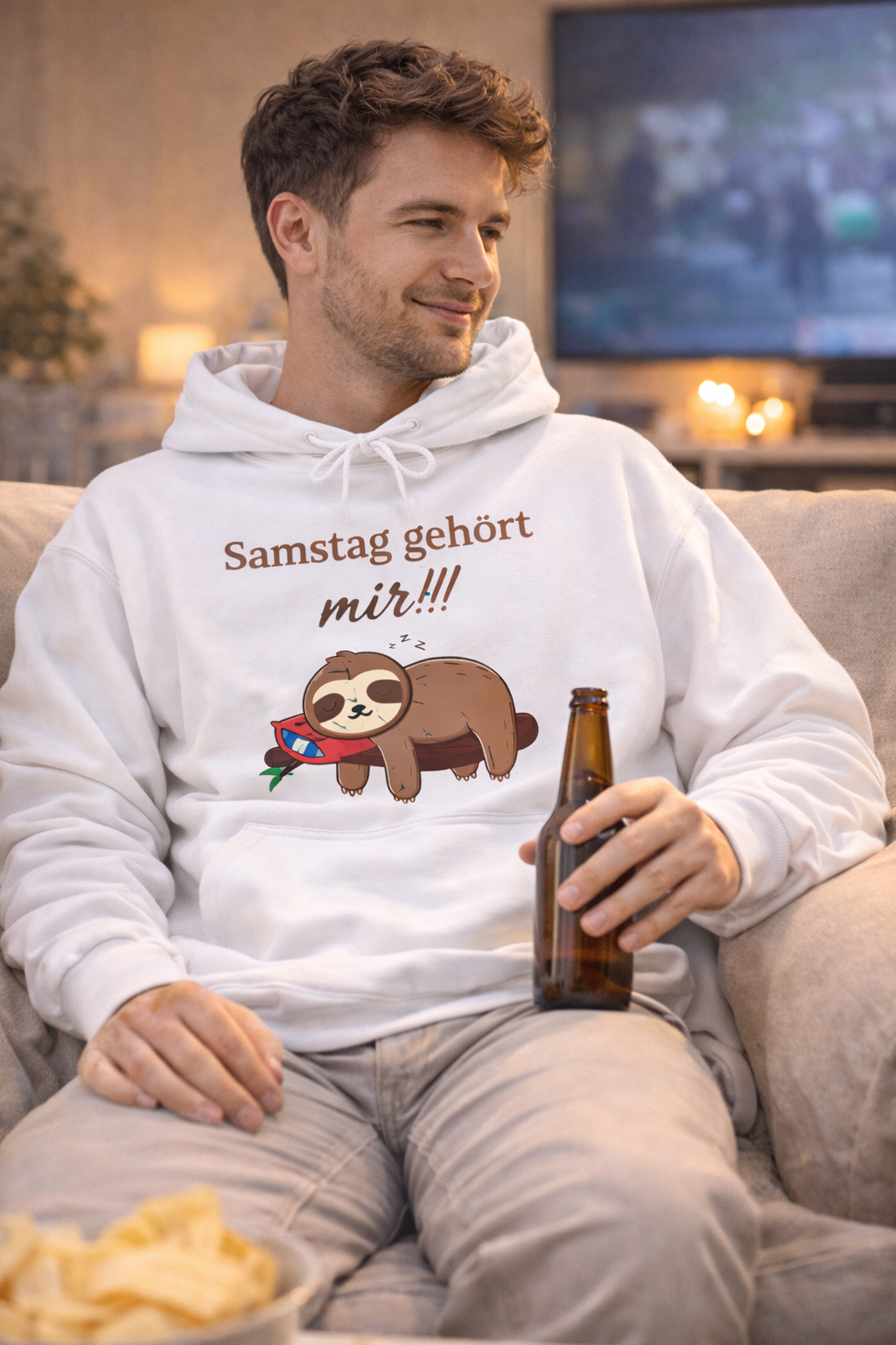 Weißer Hoodie mit schlafendem Faultier auf einem Ast und dem Spruch „Samstag gehört mir!!!“.