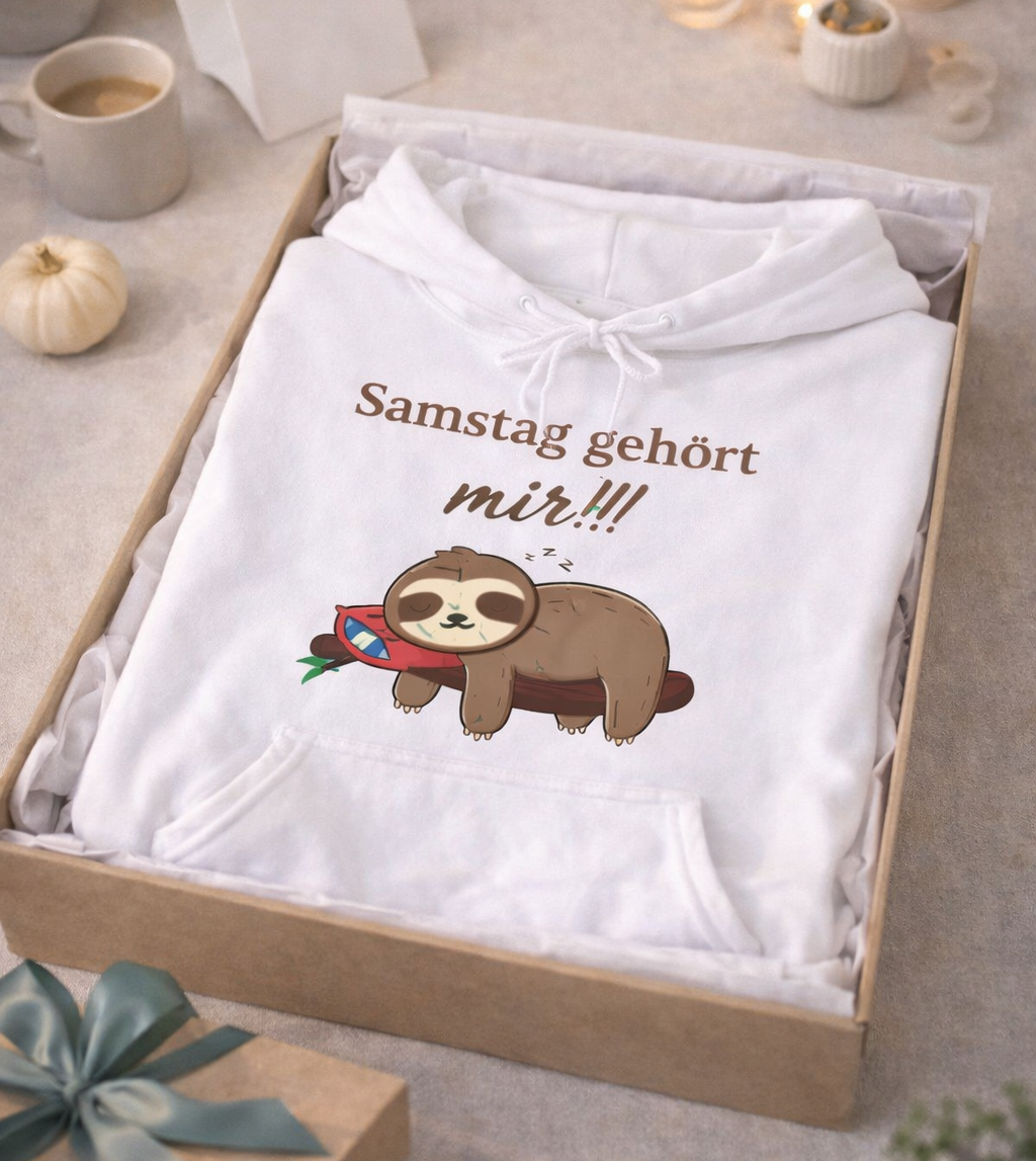 Weißer Hoodie mit schlafendem Faultier auf einem Ast und dem Spruch „Samstag gehört mir!!!“.