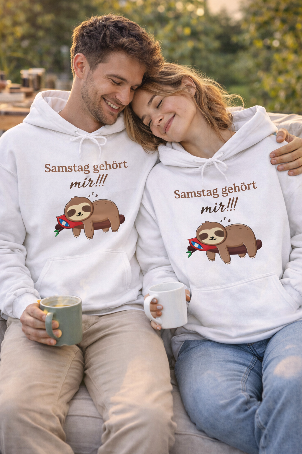 Weißer Hoodie mit schlafendem Faultier auf einem Ast und dem Spruch „Samstag gehört mir!!!“.