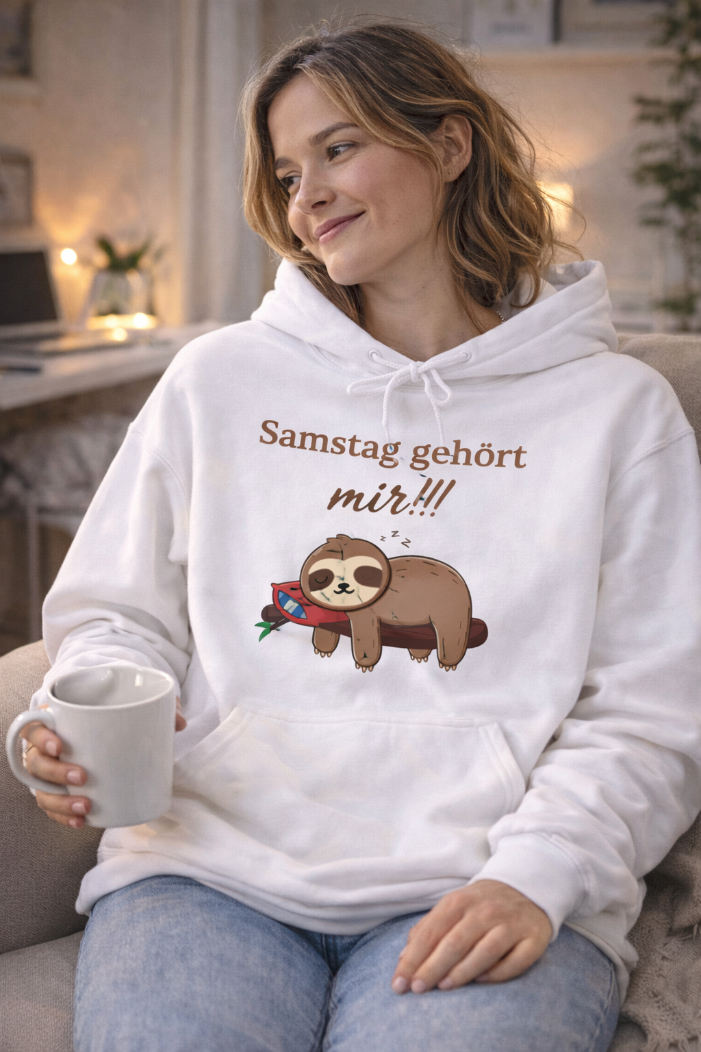 Weißer Hoodie mit schlafendem Faultier auf einem Ast und dem Spruch „Samstag gehört mir!!!“.