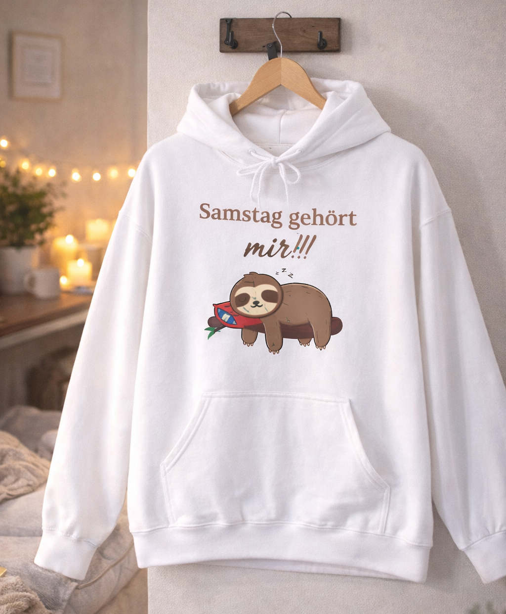 Weißer Hoodie mit schlafendem Faultier auf einem Ast und dem Spruch „Samstag gehört mir!!!“.