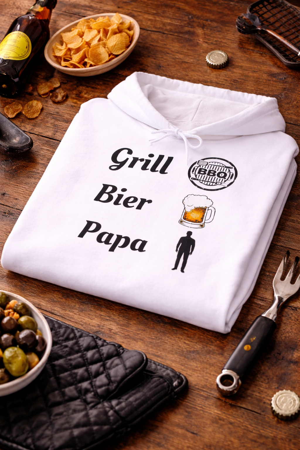 Weißer Hoodie mit dem Schriftzug „Grill Bier Papa“ sowie Symbolen für Grill, Bier und Papa – ideales Design für Grillfans.