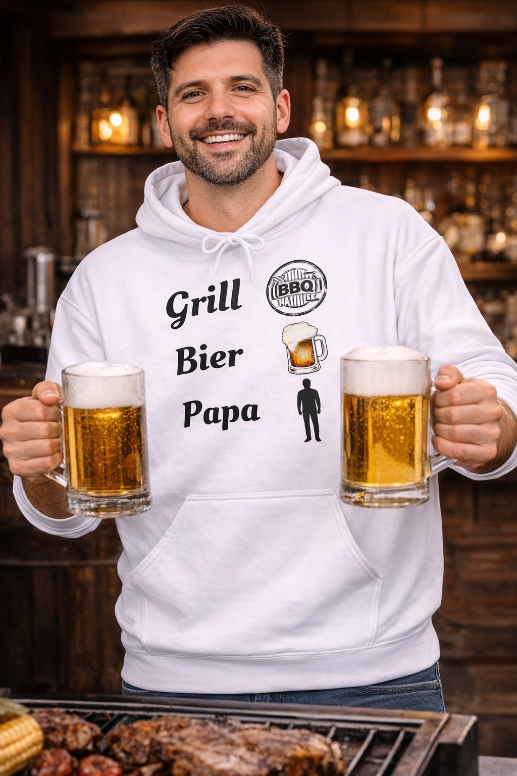 Weißer Hoodie mit dem Schriftzug „Grill Bier Papa“ sowie Symbolen für Grill, Bier und Papa – ideales Design für Grillfans.