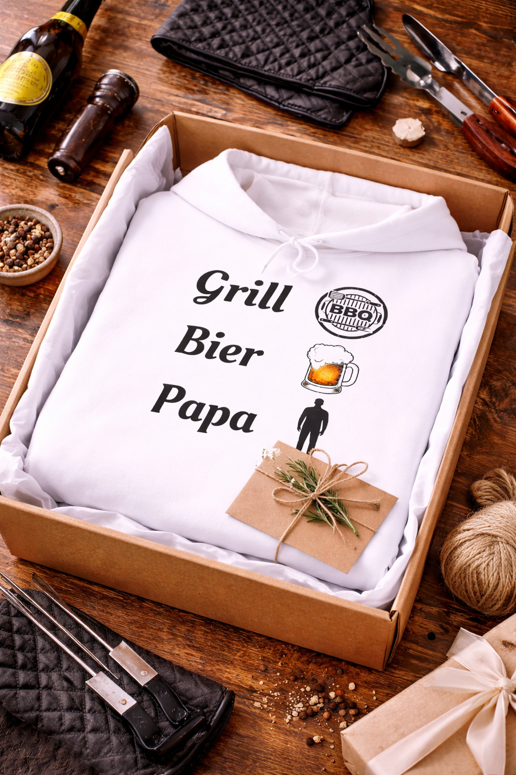 Weißer Hoodie mit dem Schriftzug „Grill Bier Papa“ sowie Symbolen für Grill, Bier und Papa – ideales Design für Grillfans.