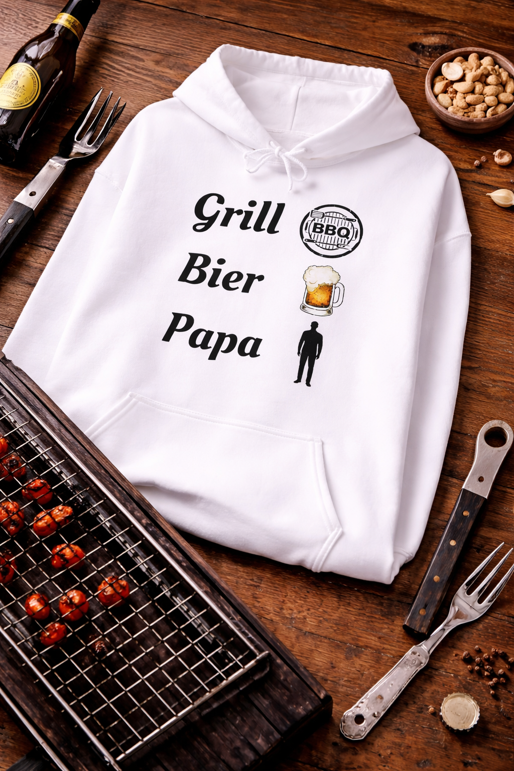 Weißer Hoodie mit dem Schriftzug „Grill Bier Papa“ sowie Symbolen für Grill, Bier und Papa – ideales Design für Grillfans.