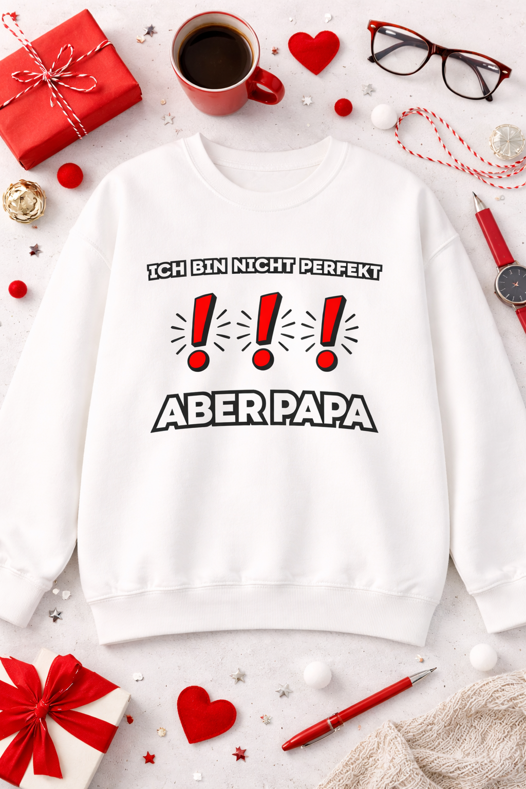 Weißes und sportgraues Unisex-Sweatshirt mit dem Aufdruck „Ich bin nicht perfekt. ABER PAPA!“ und drei roten Ausrufezeichen als auffälliges Designelement.