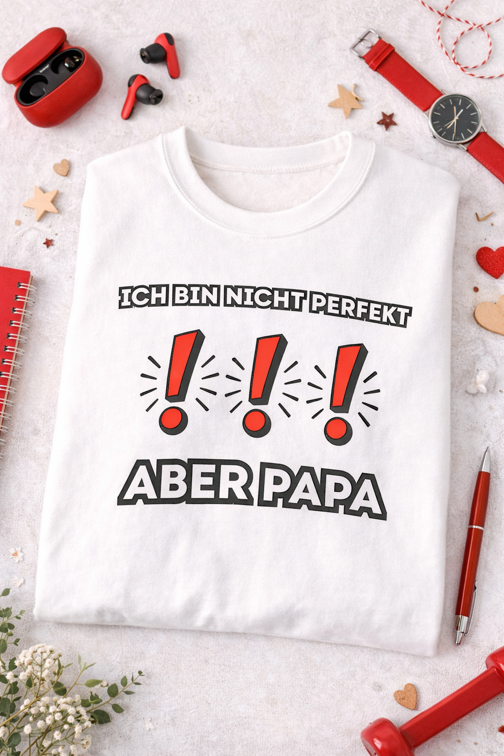 Weißes und sportgraues Unisex-Sweatshirt mit dem Aufdruck „Ich bin nicht perfekt. ABER PAPA“ und drei roten Ausrufezeichen als auffälliges Designelement.