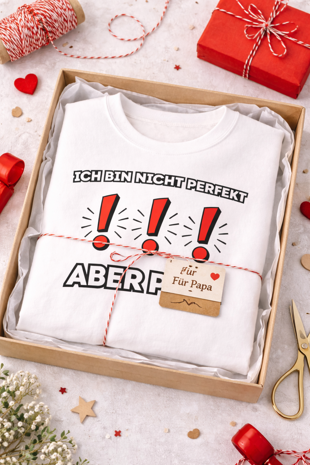 Weißes und sportgraues Unisex-Sweatshirt mit dem Aufdruck „Ich bin nicht perfekt. ABER PAPA“ und drei roten Ausrufezeichen als auffälliges Designelement.