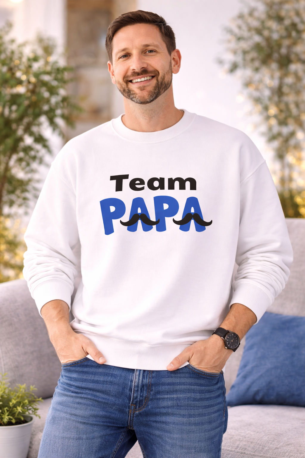Weißes und hellblaues Unisex-Sweatshirt mit dem Schriftzug „Team Papa“ in Schwarz und Blau sowie dekorativen Schnurrbart-Elementen.