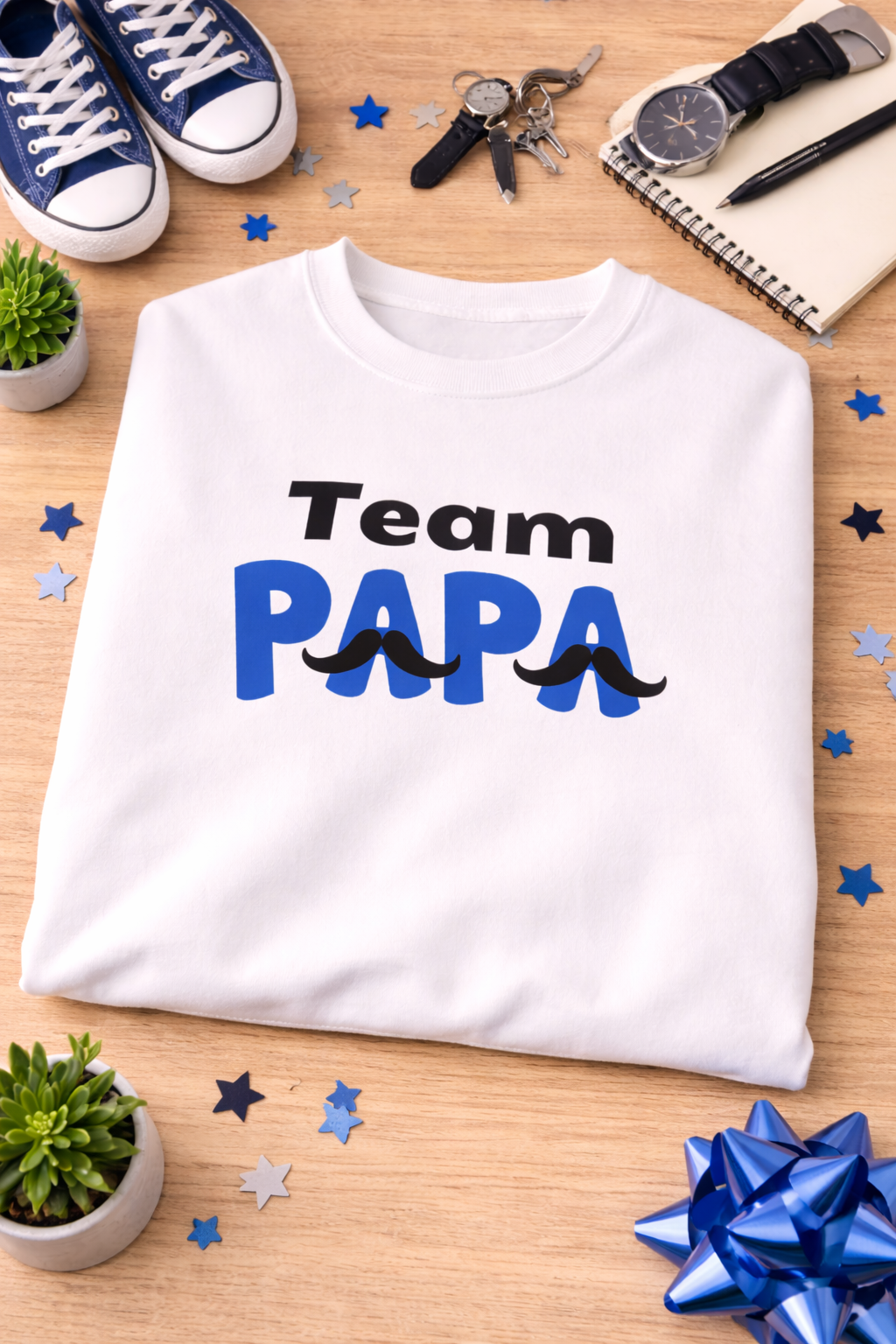 Weißes und hellblaues Unisex-Sweatshirt mit dem Schriftzug „Team Papa“ in Schwarz und Blau sowie dekorativen Schnurrbart-Elementen.
