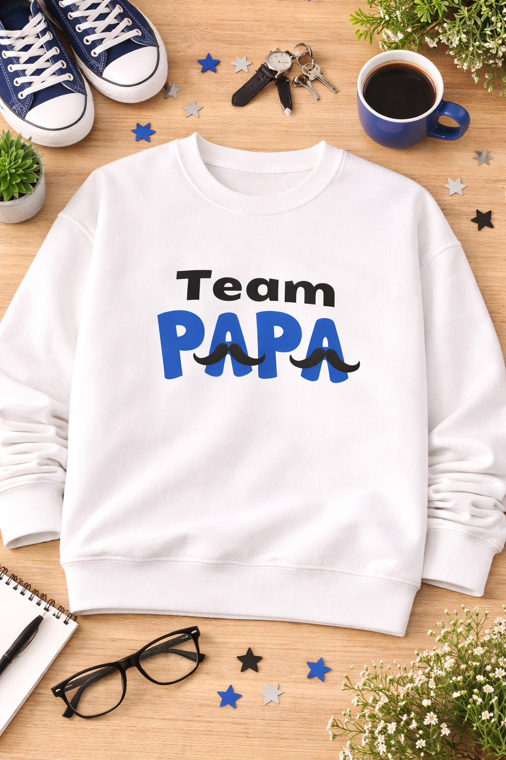 Weißes und hellblaues Unisex-Sweatshirt mit dem Schriftzug „Team Papa“ in Schwarz und Blau sowie dekorativen Schnurrbart-Elementen.