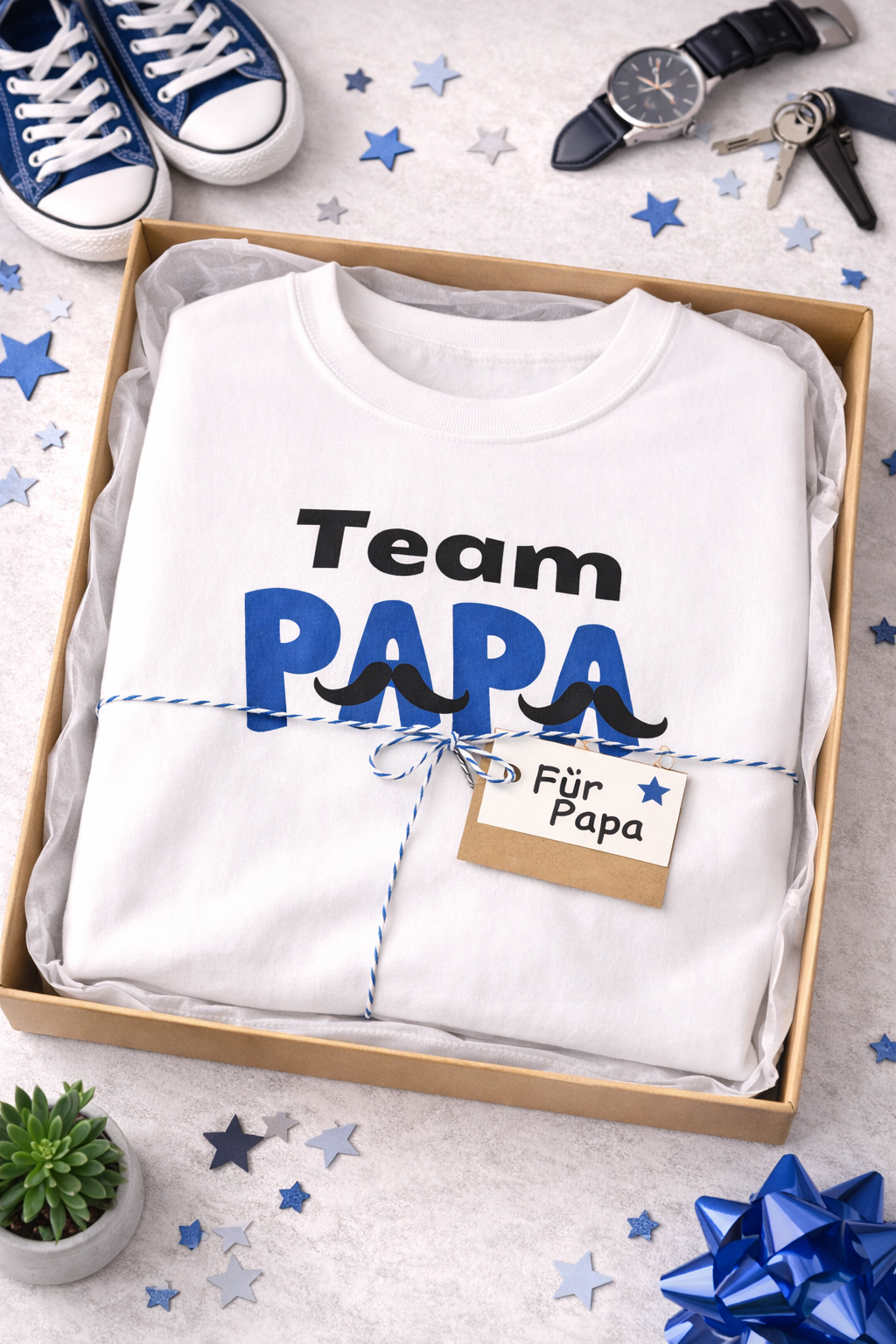 Weißes und hellblaues Unisex-Sweatshirt mit dem Schriftzug „Team Papa“ in Schwarz und Blau sowie dekorativen Schnurrbart-Elementen.