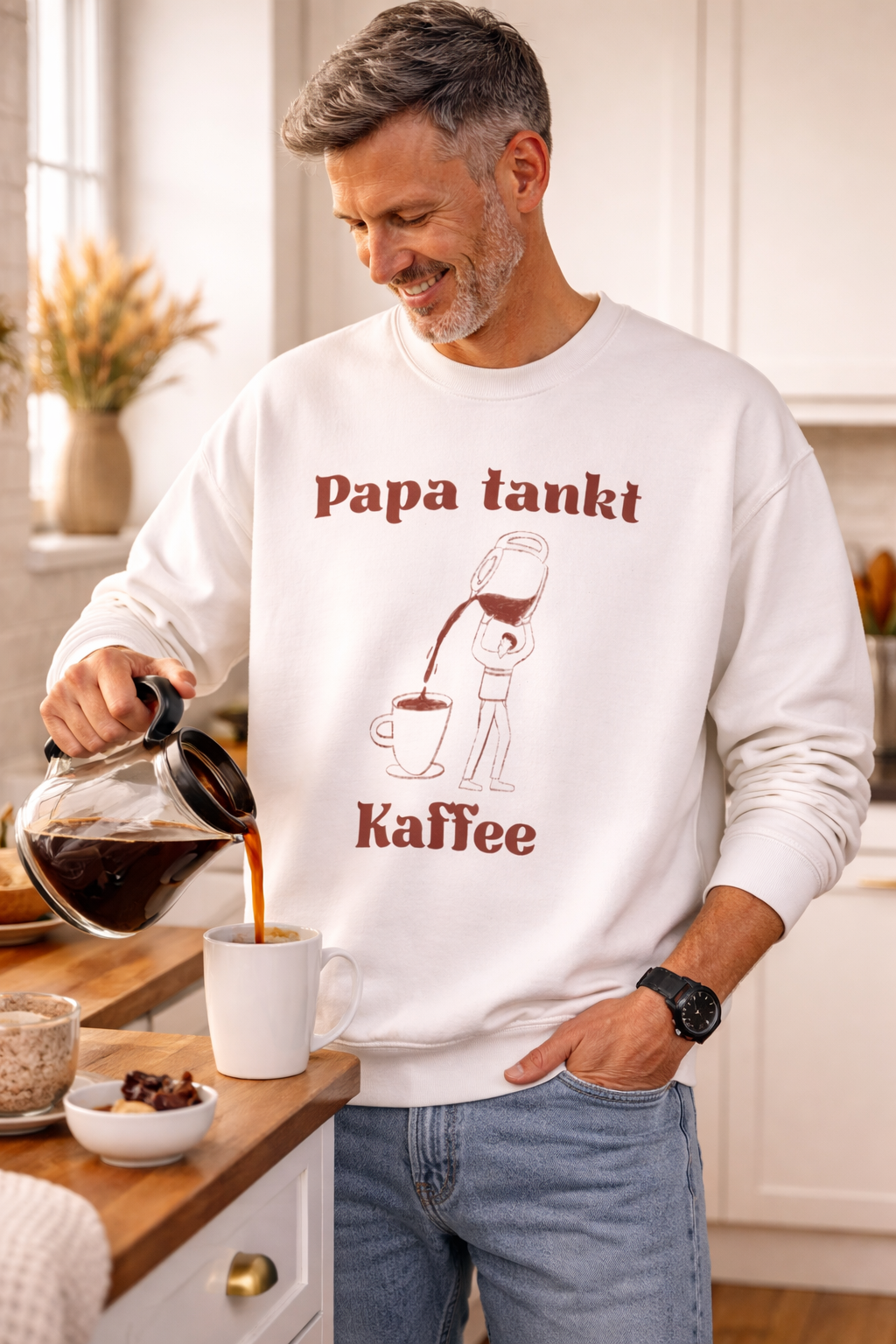 Weißes und sandfarbenes Unisex-Sweatshirt mit dem Aufdruck „Papa tankt Kaffee“ und einer humorvollen Illustration einer Person, die Kaffee aus einer großen Kanne in eine Tasse gießt.