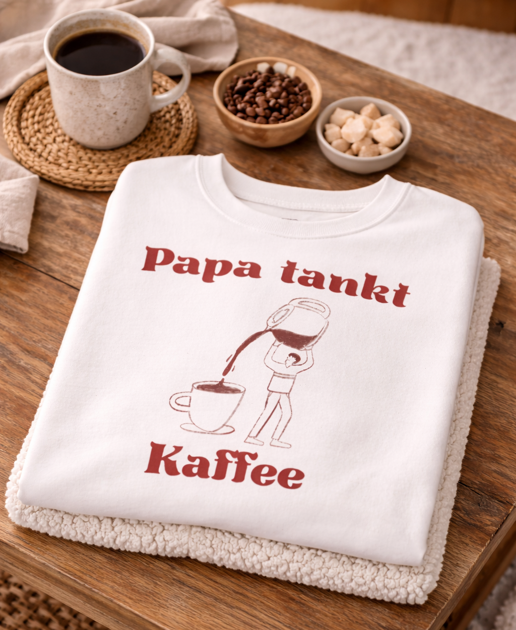 Weißes und sandfarbenes Unisex-Sweatshirt mit dem Aufdruck „Papa tankt Kaffee“ und einer humorvollen Illustration einer Person, die Kaffee aus einer großen Kanne in eine Tasse gießt.