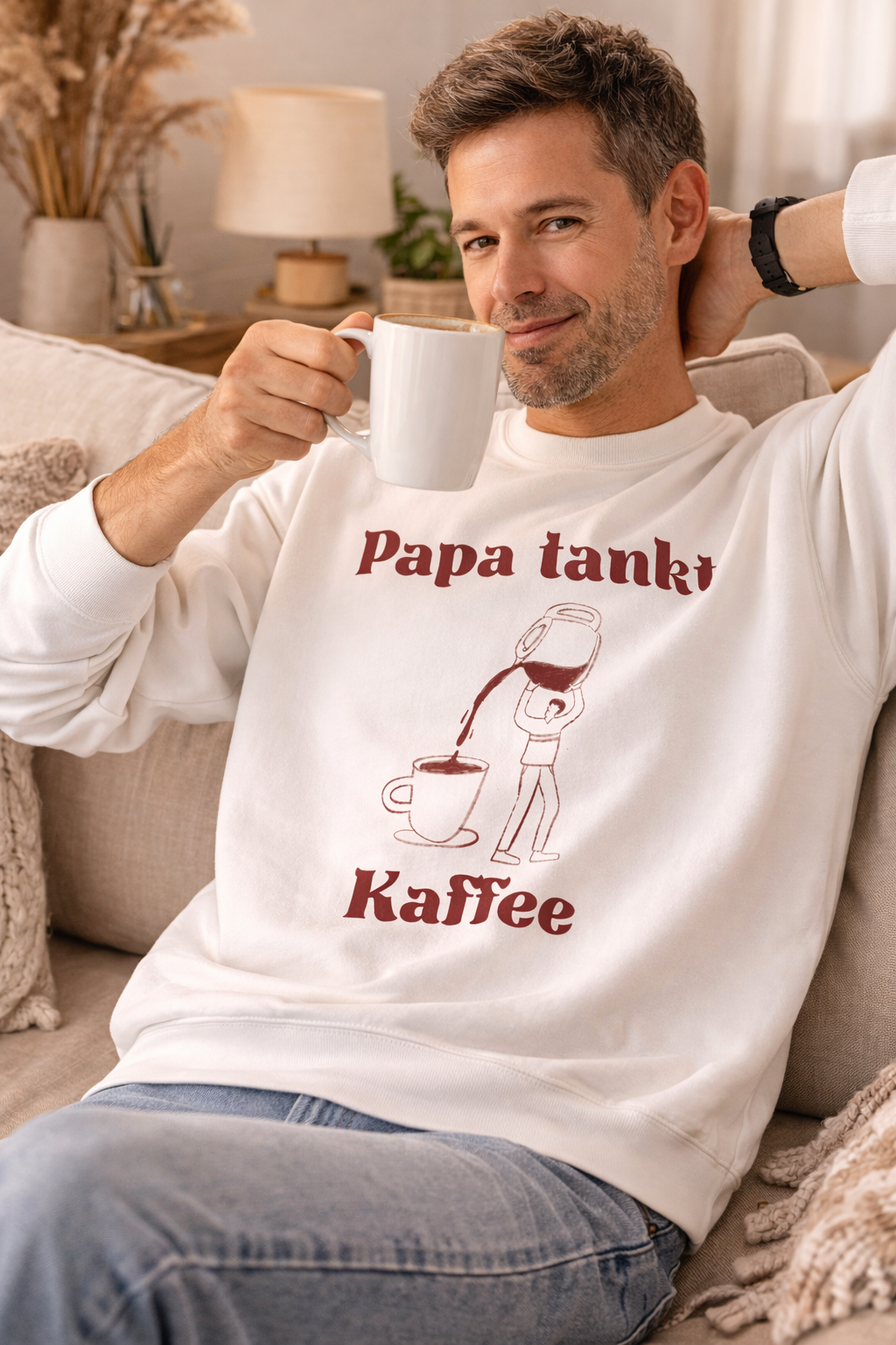 Weißes und sandfarbenes Unisex-Sweatshirt mit dem Aufdruck „Papa tankt Kaffee“ und einer humorvollen Illustration einer Person, die Kaffee aus einer großen Kanne in eine Tasse gießt.