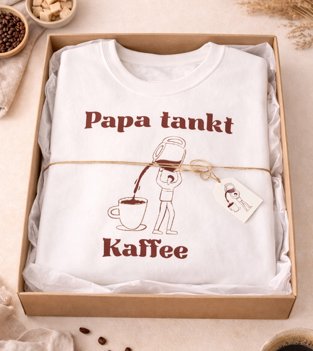 Weißes und sandfarbenes Unisex-Sweatshirt mit dem Aufdruck „Papa tankt Kaffee“ und einer humorvollen Illustration einer Person, die Kaffee aus einer großen Kanne in eine Tasse gießt.