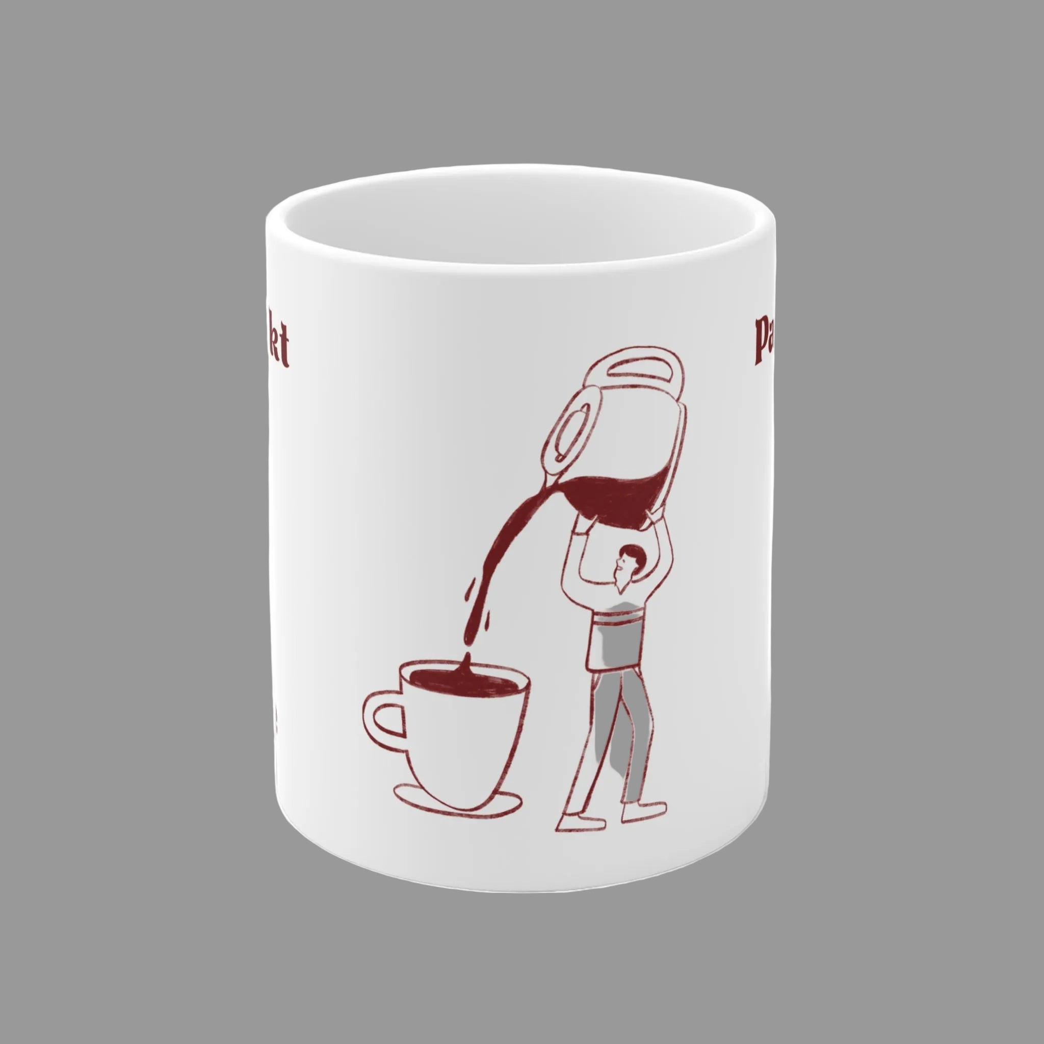 Weiße 300-ml-Keramiktasse mit dem Spruch „Papa tankt Kaffee“ und einer humorvollen Illustration einer riesigen Kaffeekanne als Geschenk für kaffeeliebende Väter.