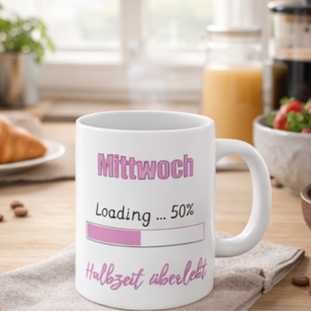 Weiße 300-ml-Keramiktasse mit dem Spruch „Mittwoch – Halbzeit überlebt“ und einem 50-Prozent-Ladebalken – lustige Bürotasse für die Wochenmitte.
