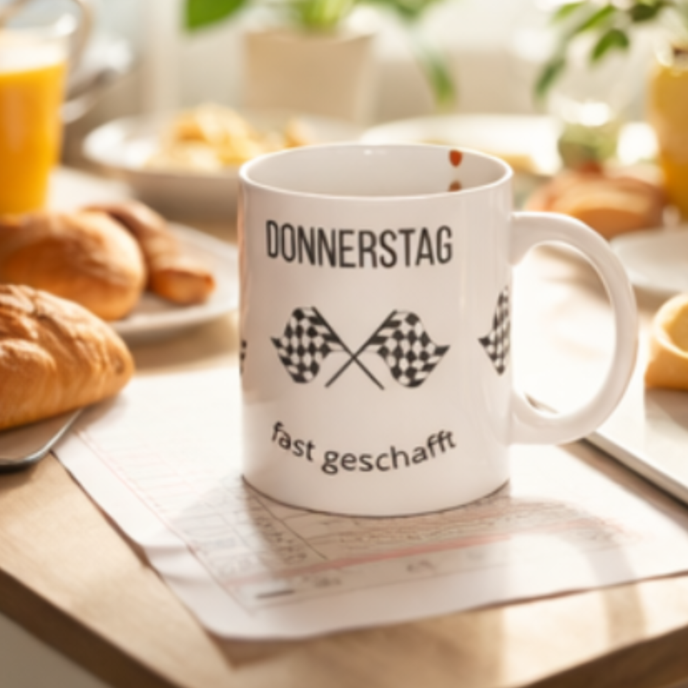 Weiße 300-ml-Keramiktasse mit dem Spruch „Donnerstag fast geschafft“ und zwei schwarz-weißen Zielflaggen – lustige Bürotasse für den Countdown zum Wochenende.