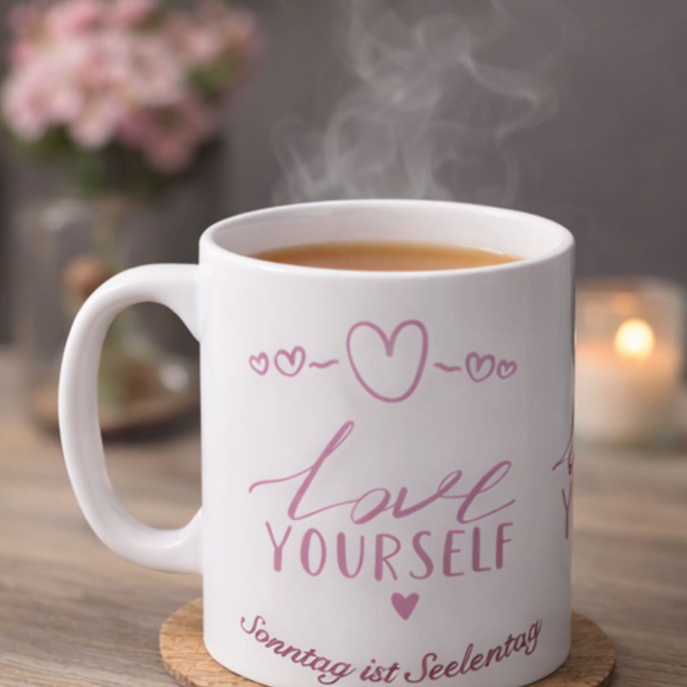 Weiße Keramiktasse mit rosa Schriftzug „Love Yourself“ sowie dem Spruch „Sonntag ist Seelentag“ und kleinen Herzmotiven – 300-ml-Tasse für Kaffee- und Teeliebhaber.