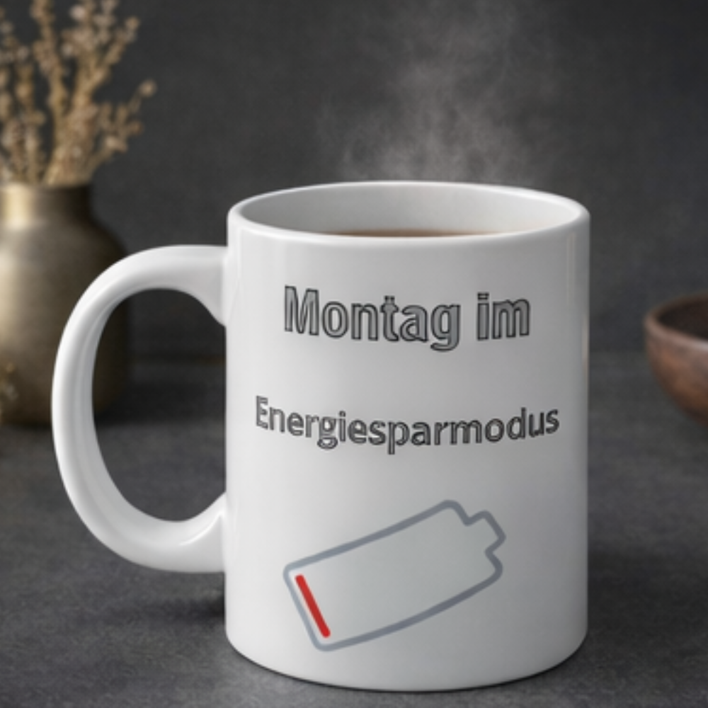 Weiße 300-ml-Keramiktasse mit dem Spruch „Montag im Energiesparmodus“ und einem fast leeren Batteriesymbol – lustige Bürotasse für den Wochenstart.