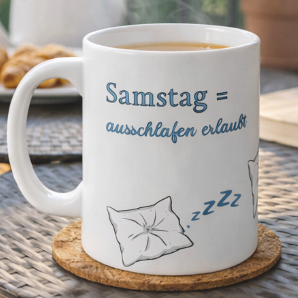 Weiße 300-ml-Keramiktasse mit schlafendem Kissen, blauen "Zzz" und dem Spruch „Samstag = Ausschlafen erlaubt“ – lustige Tasse für Langschläfer und entspannte Wochenenden.